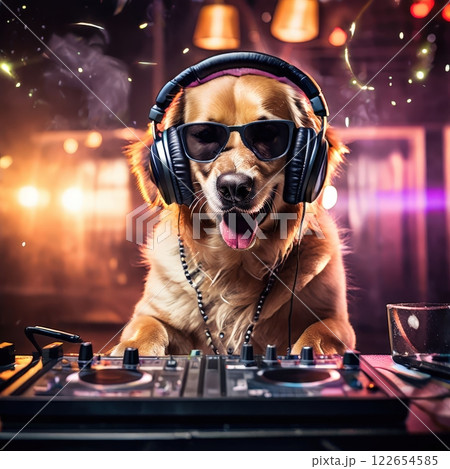 the AI Image Generator, Golden Retriever DJ Wearing Headphones and Sunglasses 122654585