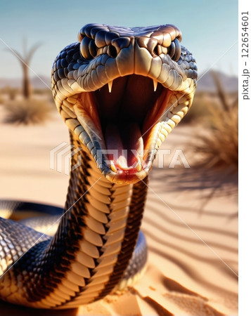 the AI Image Generator, View of a Striking Cobra Snake in Desert Habitat 122654601