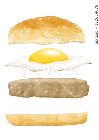 Watercolor Illustration with Burger in Flight: Bun, Fried Egg, Meat Patty for Use in Menu, Printing, Textile and Web 122654676