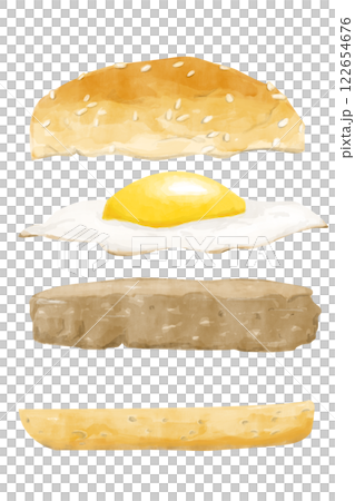 Watercolor Illustration with Burger in Flight: Bun, Fried Egg, Meat Patty for Use in Menu, Printing, Textile and Web 122654676