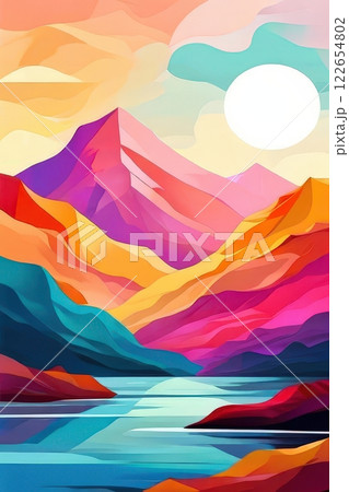Abstract Landscape With Mountains, Lake, and Colorful Sunset the AI Image Generator, 122654802