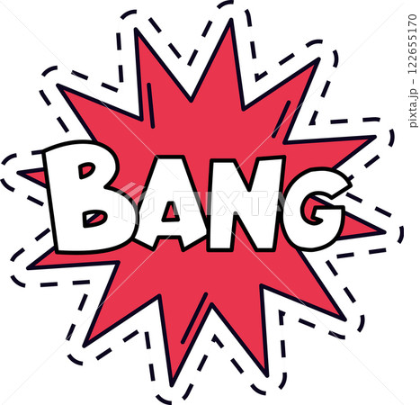 Dynamic comic style explosion graphic featuring bold BANG text in white on a red starburst background. Black dashed outline adds a playful and energetic feel to the design 122655170