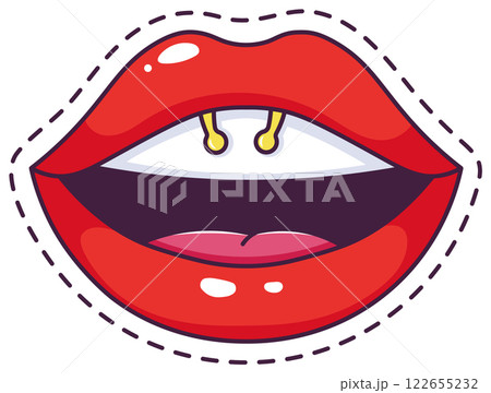 Cartoon illustration of red female lips with a smiley piercing showing white teeth and pink tongue, isolated on white background with dashed outline Cartoon illustration of red female lips with a smiley piercing showing white teeth and pink tongue, isolated on white background with dashed outline 122655232