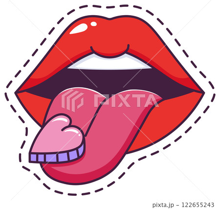 Red lips playfully sticking out the tongue while holding a heart shaped candy, surrounded by a dashed line, perfect for Valentine s Day or any romantic themed project Red lips playfully sticking out the tongue while holding a heart shaped candy, surrounded by a dashed line, perfect for Valentine s Day or any romantic themed project 122655243