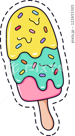Cartoon popsicle melting with yellow and turquoise glaze, covered with colorful sprinkles and surrounded by a cute dashed border, ideal for summer projects Cartoon popsicle melting with yellow and turquoise glaze, covered with colorful sprinkles and surrounded by a cute dashed border, ideal for summer projects 122655305