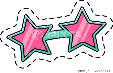 Pink star shaped sunglasses with turquoise frame on white background representing summer, fun, fashion, and a playful attitude, perfect for party accessories or trendy eyewear Pink star shaped sunglasses with turquoise frame on white background representing summer, fun, fashion, and a playful attitude, perfect for party accessories or trendy eyewear 122655314