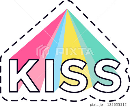 Kiss lettering with colorful light beams forming a triangle shape, a vibrant and playful design for romantic projects or pride events, perfect for adding a touch of love and celebration 122655315