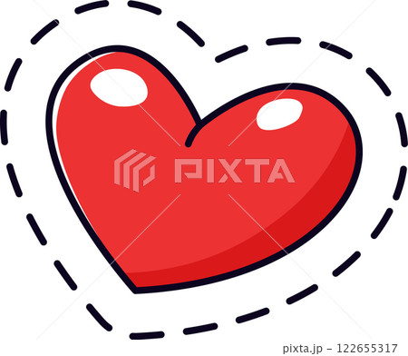 Glossy red heart shape featuring a black stroke and dashed line contour, symbolizing love, romance, and the joyful celebrations of Valentine s Day 122655317