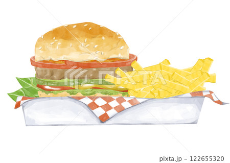 Watercolor Illustration with Lunch in a Box: Burger with Pickles, Onion, Tomato, Mustard, Ketchup, Lettuce French Fries for Use in Menu, Printing, Textile and Web 122655320