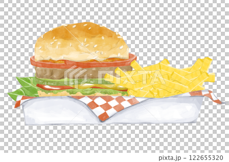 Watercolor Illustration with Lunch in a Box: Burger with Pickles, Onion, Tomato, Mustard, Ketchup, Lettuce French Fries for Use in Menu, Printing, Textile and Web 122655320