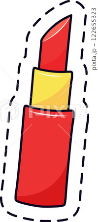 Red lipstick slightly tilted to the right with a golden ring separating the body from the upper part, surrounded by a dotted line, creating a playful and attention grabbing effect 122655323