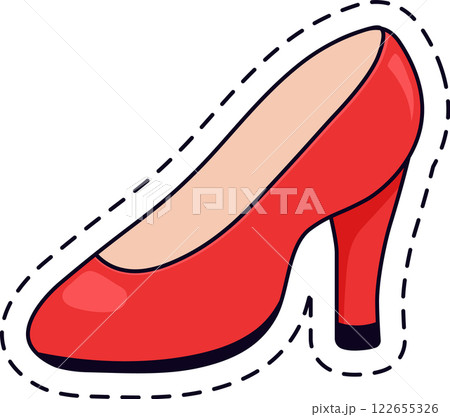 Stylish red high heel shoe with dotted line contour symbolizing elegance, fashion, and female empowerment, perfect for fashion blogs, websites, or social media posts 122655326