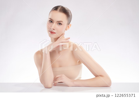 Beautiful young woman with clean fresh skin on white background, Face care, Facial treatment, Cosmetology, beauty and spa, women portrait. 122655371