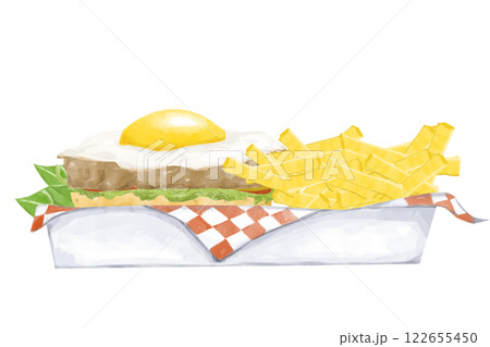Watercolor Illustration with Lunch in a Box: Meat Patty with Fried Egg, Salad, Ketchup, French Fries, for Use in Menu, Printing, Textile and Web Watercolor Illustration with Lunch in a Box: Meat Patty with Fried Egg, Salad, Ketchup, French Fries, for Use in Menu, Printing, Textile and Web 122655450