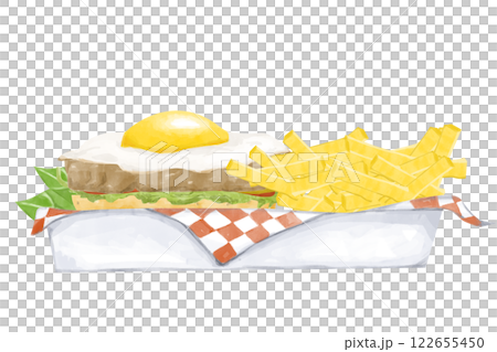 Watercolor Illustration with Lunch in a Box: Meat Patty with Fried Egg, Salad, Ketchup, French Fries, for Use in Menu, Printing, Textile and Web Watercolor Illustration with Lunch in a Box: Meat Patty with Fried Egg, Salad, Ketchup, French Fries, for Use in Menu, Printing, Textile and Web 122655450