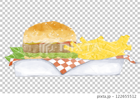 Watercolor Illustration with Lunch in a Box: Burger with Beef Patty, Lettuce, Mustard, Ketchup and French Fries, for Use in Menu, Printing, Textile and Web Watercolor Illustration with Lunch in a Box: Burger with Beef Patty, Lettuce, Mustard, Ketchup and French Fries, for Use in Menu, Printing, Textile and Web 122655512