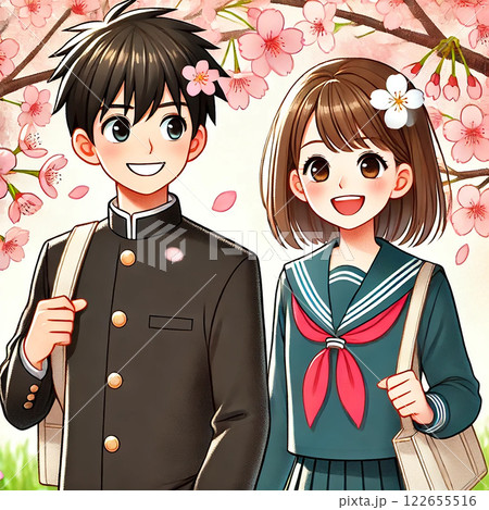 桜と高校生の春|爽やかな制服姿の男女学生イラスト 桜と高校生の春|爽やかな制服姿の男女学生イラスト 122655516