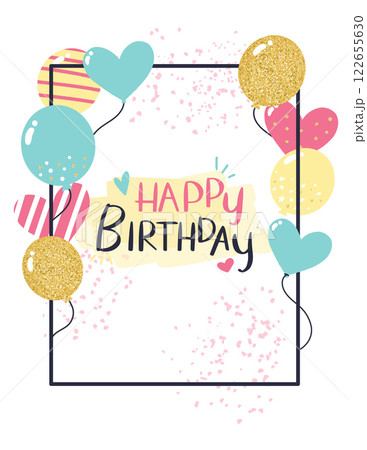 Colorful balloons and confetti floating around a happy birthday greeting card, creating a festive and cheerful atmosphere for a birthday celebration 122655630