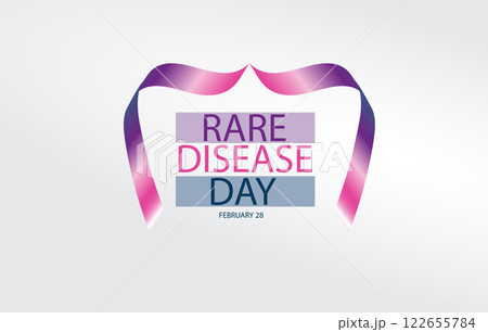 Vector illustration for Rare Disease Day, observed on February 28. Features bold typography in shades of purple, pink, and blue with a gradient ribbon forming a symbolic shape on a light background 122655784