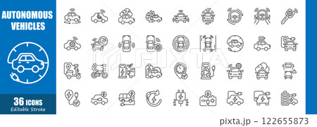 Autonomous vehicles and electric vehicle . Technology outline icon collection . Editable stroke . Vector . Autonomous vehicles and electric vehicle . Technology outline icon collection . Editable stroke . Vector . 122655873
