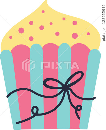 Creamy cupcake with yellow icing and pink sprinkles in a pink and light blue striped wrapper decorated, with a black bow is a sweet treat for any occasion Creamy cupcake with yellow icing and pink sprinkles in a pink and light blue striped wrapper decorated, with a black bow is a sweet treat for any occasion 122655956