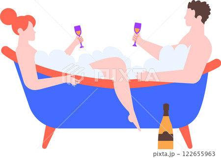 Romantic couple relaxing in a luxurious bathtub filled with foam, toasting with sparkling wine, and savoring a delightful moment of wellness and togetherness at home 122655963