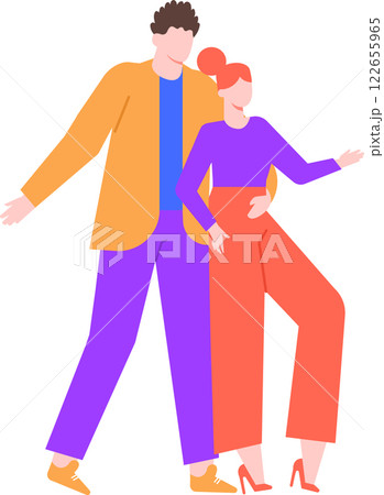 Young couple walking together with arms wide open, joyfully presenting something to the world. Both smiling brightly, radiating happiness and love in their casual, vibrant lifestyle Young couple walking together with arms wide open, joyfully presenting something to the world. Both smiling brightly, radiating happiness and love in their casual, vibrant lifestyle 122655965