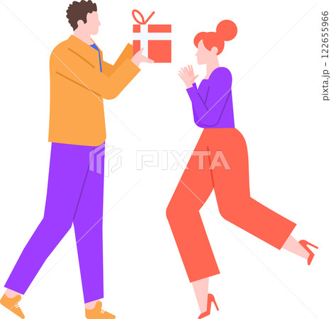 Man joyfully presenting a red gift box adorned with a white ribbon to a surprised woman, who is running with excitement. Colorful flat vector illustration set against a white background Man joyfully presenting a red gift box adorned with a white ribbon to a surprised woman, who is running with excitement. Colorful flat vector illustration set against a white background 122655966
