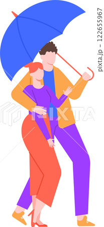 Young loving couple walking under umbrella in rainy weather, man holding umbrella and hugging woman, romantic relationship and love concept, colorful vector illustration Young loving couple walking under umbrella in rainy weather, man holding umbrella and hugging woman, romantic relationship and love concept, colorful vector illustration 122655967