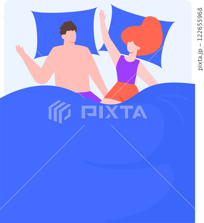 Happy couple waking up and waving cheerfully from their cozy bed, wrapped in a soft blue blanket, embracing the morning with joy and positive energy as they start a new day together Happy couple waking up and waving cheerfully from their cozy bed, wrapped in a soft blue blanket, embracing the morning with joy and positive energy as they start a new day together 122655968