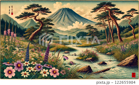 A tranquil landscape with a winding river, vibrant flowers and lush greenery 122655984