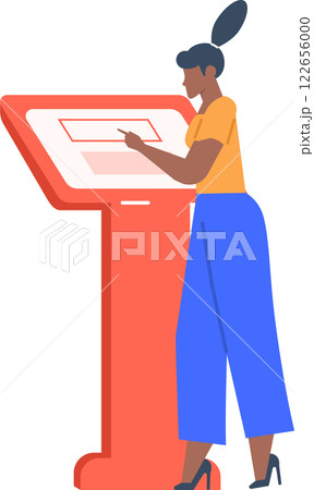 Young woman using a touchscreen kiosk for information access. The scene emphasizes modern technology and user interaction in a public or commercial setting Young woman using a touchscreen kiosk for information access. The scene emphasizes modern technology and user interaction in a public or commercial setting 122656000