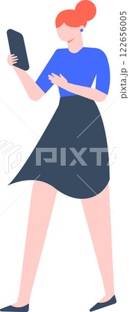 Young woman office worker holding tablet device walking and using mobile apps, online shopping or social media, flat vector illustration isolated on white background 122656005