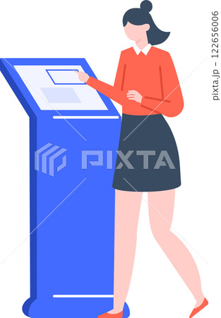 Businesswoman using interactive kiosk with large touchscreen interface selecting information or using self service payment terminal, vector illustration 122656006
