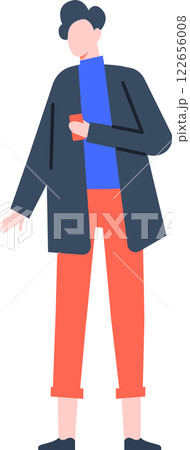 Full length illustration of a young male character wearing casual clothes, holding a smartphone in one hand, walking and looking ahead, isolated on a white background 122656008