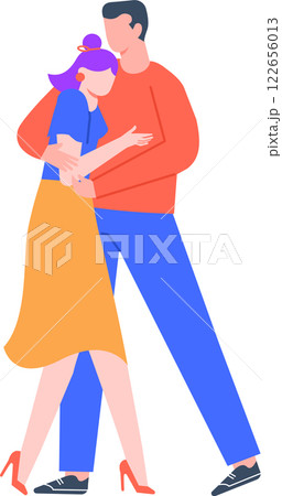 Colorful illustration of a couple embracing, showcasing love and affection. The man and woman are depicted in bright, modern clothing, highlighting a sense of warmth and connection 122656013