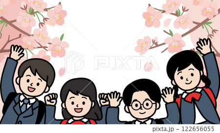 桜と小学生の子どもたちのベクターイラスト 122656055