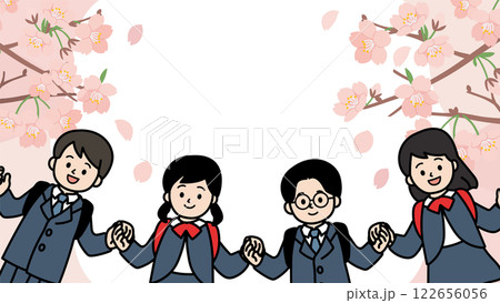 桜と小学生の子どもたちのベクターイラスト 122656056