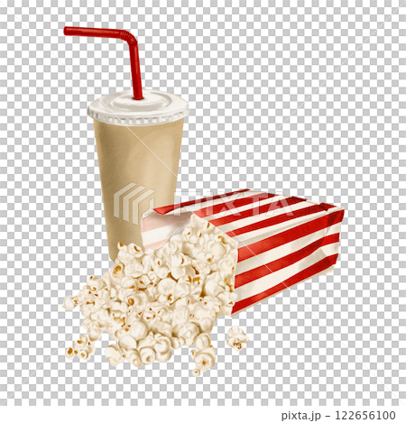 Popcorn in a striped paper bag. Drink in a disposable paper cup with a plastic lid and straw. Lots of snacks for movies and parties. Classic rktro style. watercolor illustration without background. Popcorn in a striped paper bag. Drink in a disposable paper cup with a plastic lid and straw. Lots of snacks for movies and parties. Classic rktro style. watercolor illustration without background. 122656100