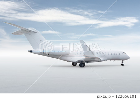 Modern white corporate business jet isolated on bright background with sky Modern white corporate business jet isolated on bright background with sky 122656101