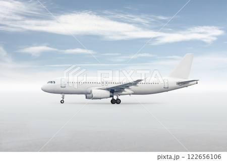 White passenger jetliner isolated on bright background with sky 122656106