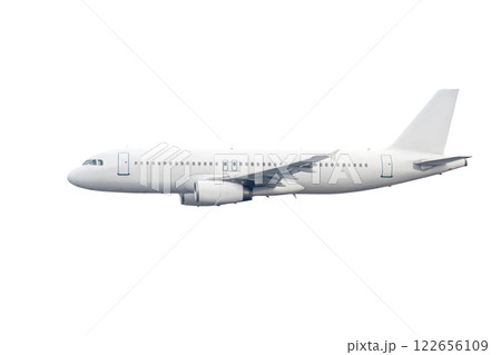 Modern passenger plane flies isolated on white background Modern passenger plane flies isolated on white background 122656109