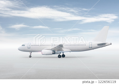 White passenger jet plane isolated on bright background with sky White passenger jet plane isolated on bright background with sky 122656119