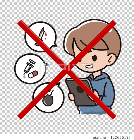 タブレット端末で有害情報を見ている子どもと禁止マーク 122656155