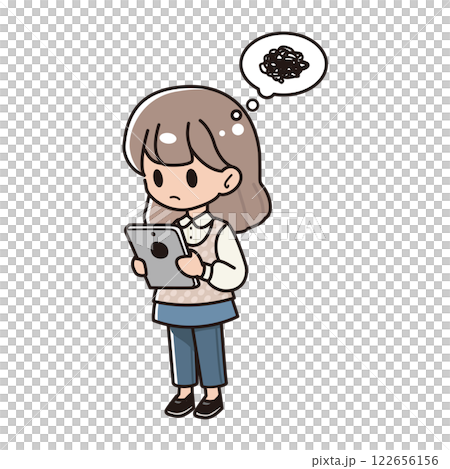 Confused girl looking at tablet device 122656156