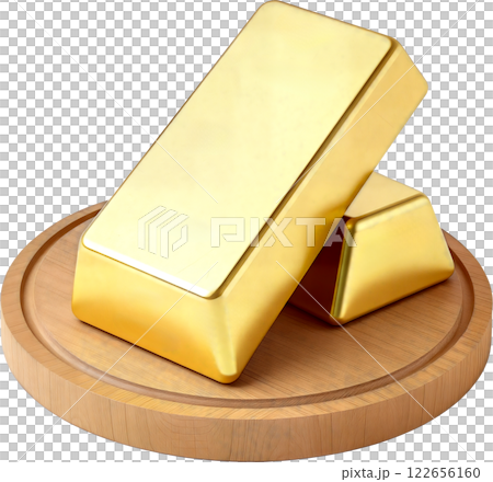 Two gold bars on a wooden pedestal 122656160