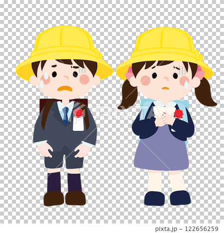 Vector illustration of new students (male and female) who have anxiety and worries before entering school Vector illustration of new students (male and female) who have anxiety and worries before entering school 122656259