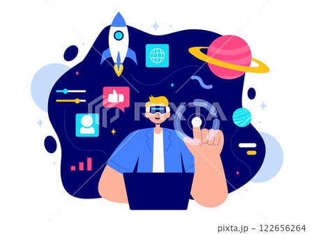Metaverse Digital Virtual Reality Vector Illustration of a Person Wearing VR Glasses, Exploring Future Innovation and Communication in a Background 122656264