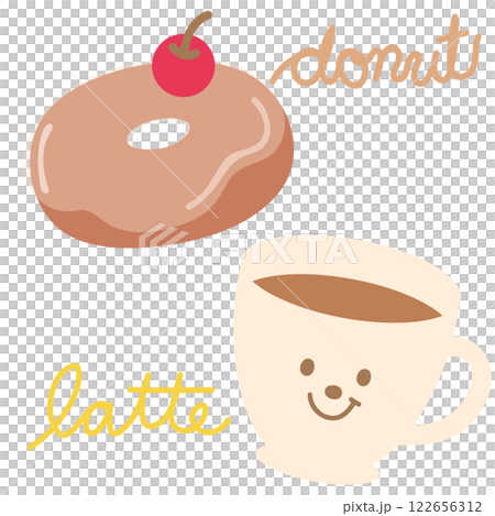 Chocolate glazed donut with cherry and a glass of hot coffee latte illustration for sweet dessert, bakery, pastry, snack, department store, cafe, restaurant, drink menu, recipe, baking book, brunch 122656312