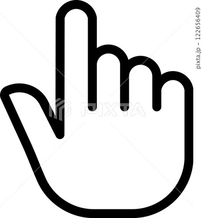 Black and white icon depicting a hand cursor clicking, featuring an extended index finger. This symbol represents interaction with a computer interface in a minimalistic style 122656409